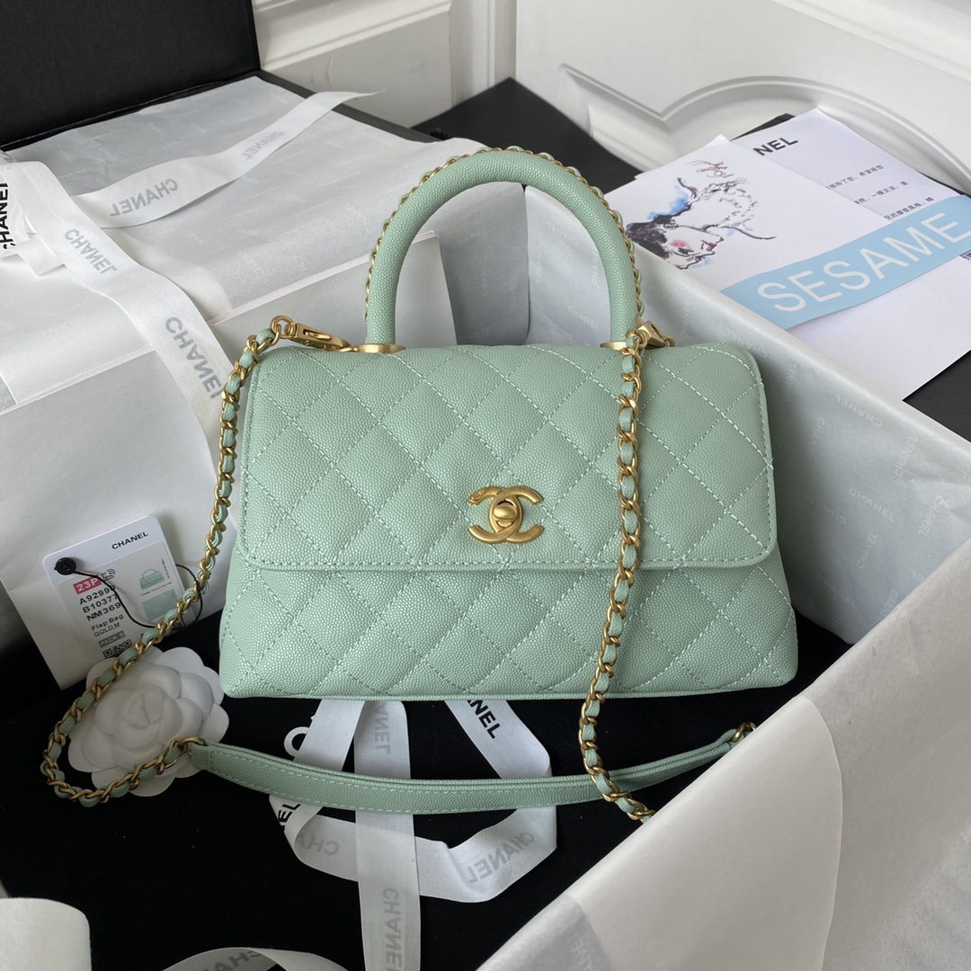 Coco Handle Small Grained Calfskin Handbag With Top Handle A92990 Jade Green